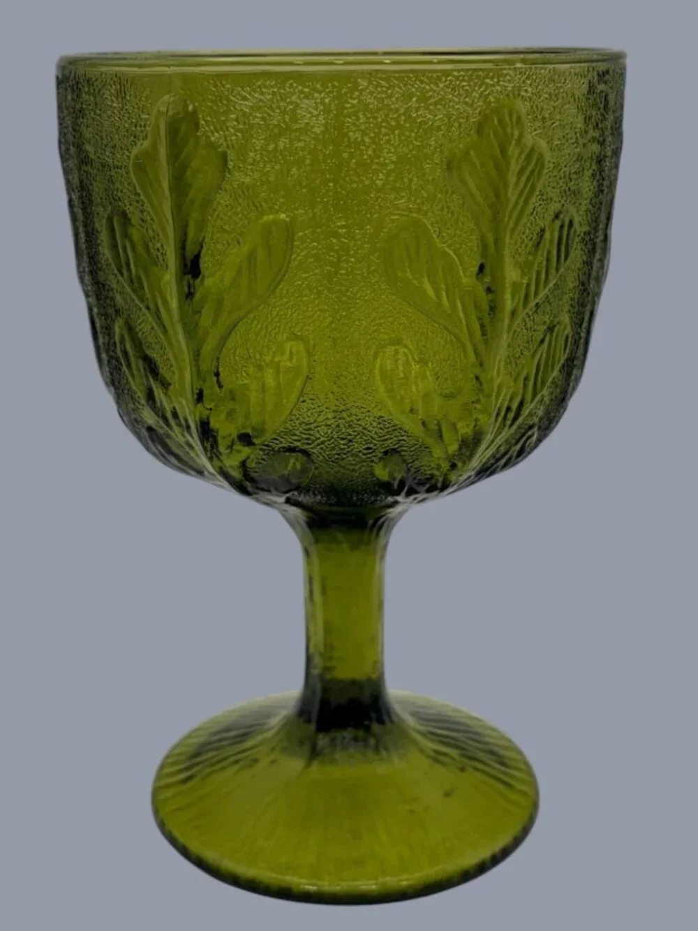 Vintage 1975 FTD Avocado Green Embossed Leaf Goblet Vase Glass Pedestal Cup